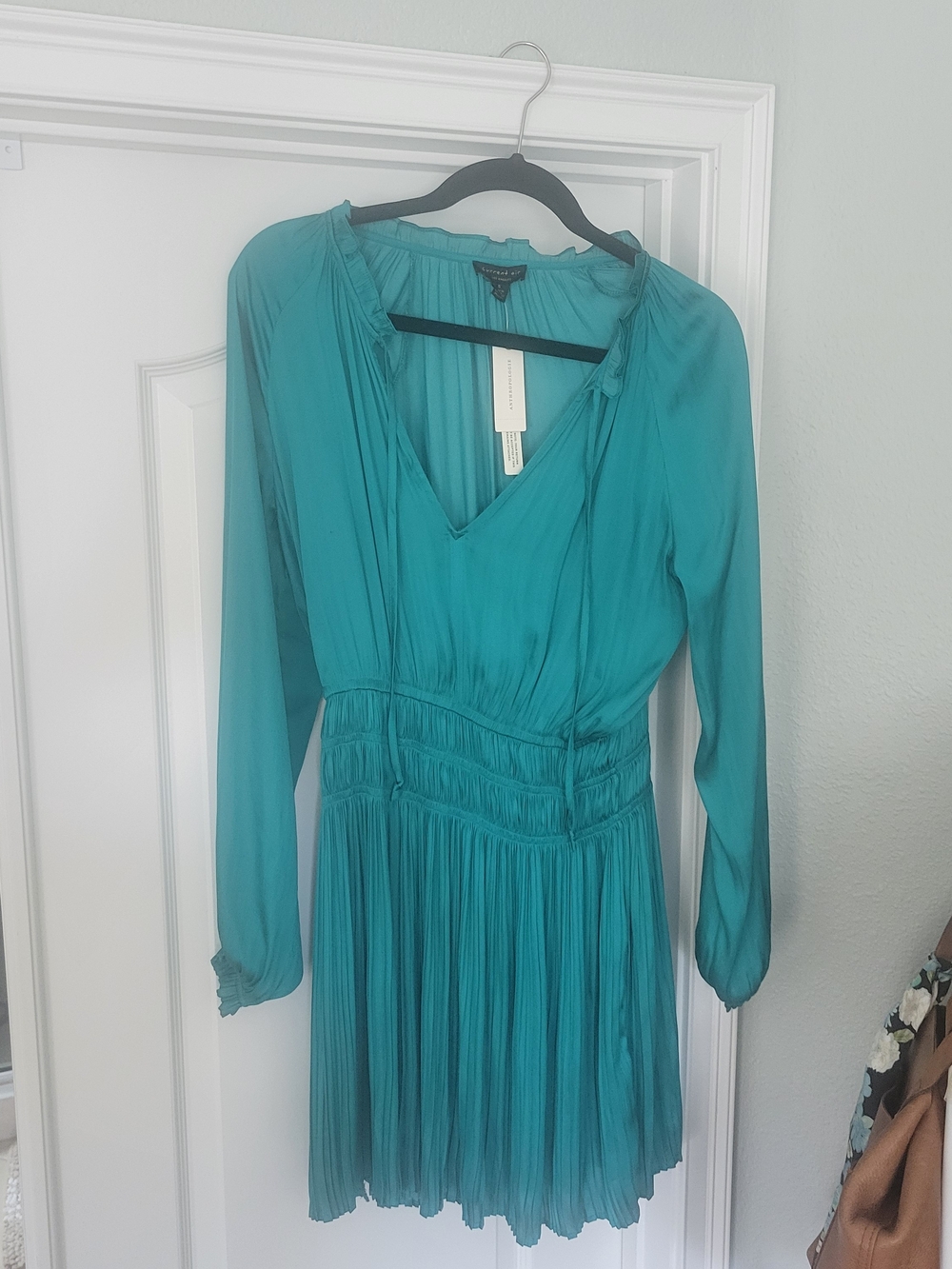 Anthropologie Teal V-Neck Long-Sleeve Pleated Dress